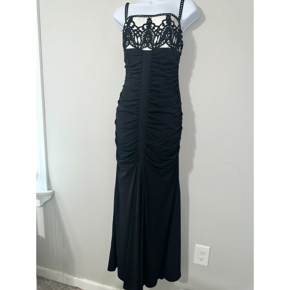 JESSICA MCCLINTOCK Y2K FULL LENGTH EVENING GOWN BLACK RUCHED BODY EUC SIZE 10 - Picture 1 of 6